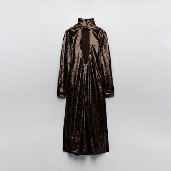 NWT Zara brown sequin long sleeve knit midi holiday dress, S - Picture 9 of 16